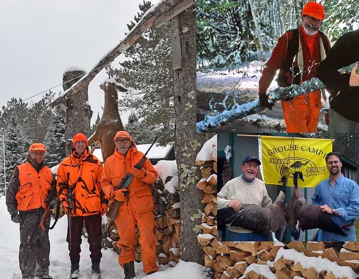 Main photo: Patrick Durkin, Chris White and Tom Heberlein pose in 2018 at Heberlein’s deer camp in Ashland County, Wisconsin. Inset photos: Top, Tom Heberlein drags a new buckpole into camp in 2001. Above, Tom Heberlein and Rich Stedman show the two Canada geese Heberlein shot in October 2009. — Patrick Durkin photos